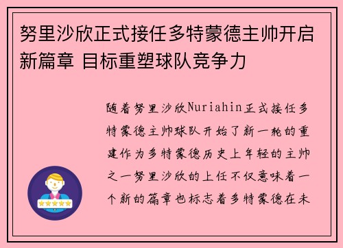 努里沙欣正式接任多特蒙德主帅开启新篇章 目标重塑球队竞争力 努里沙欣正式接任多特蒙德主帅开启新篇章 目标重塑球队竞争力